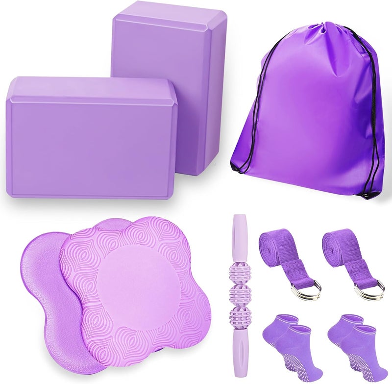 SAMTKA 2 Yoga Blocks Supportive Accessories including 2 Knee Pads, 2 With Strap To Put Less Weight On Wrists, 1 Muscle Massage Roller, 2 Pair of Non-Slip Pilates Socks, 1 GYM Bag, Durable Versatile Yoga Brick Exercise Set of 10 - Image 1